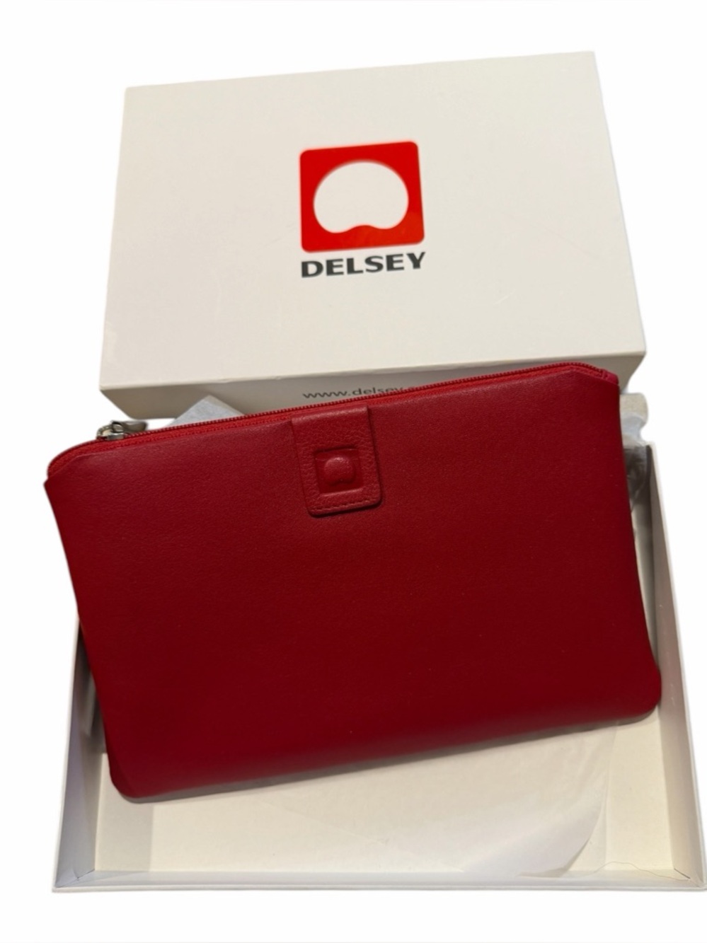 Delsey Red Genuine Leather Zip Pouch/ Brand New in Box!!!